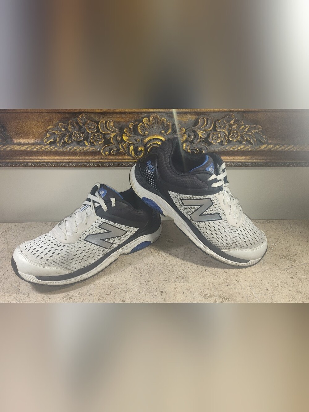 New Balance 874 Men's White and Navy Athletic Sneakers with Blue Accents